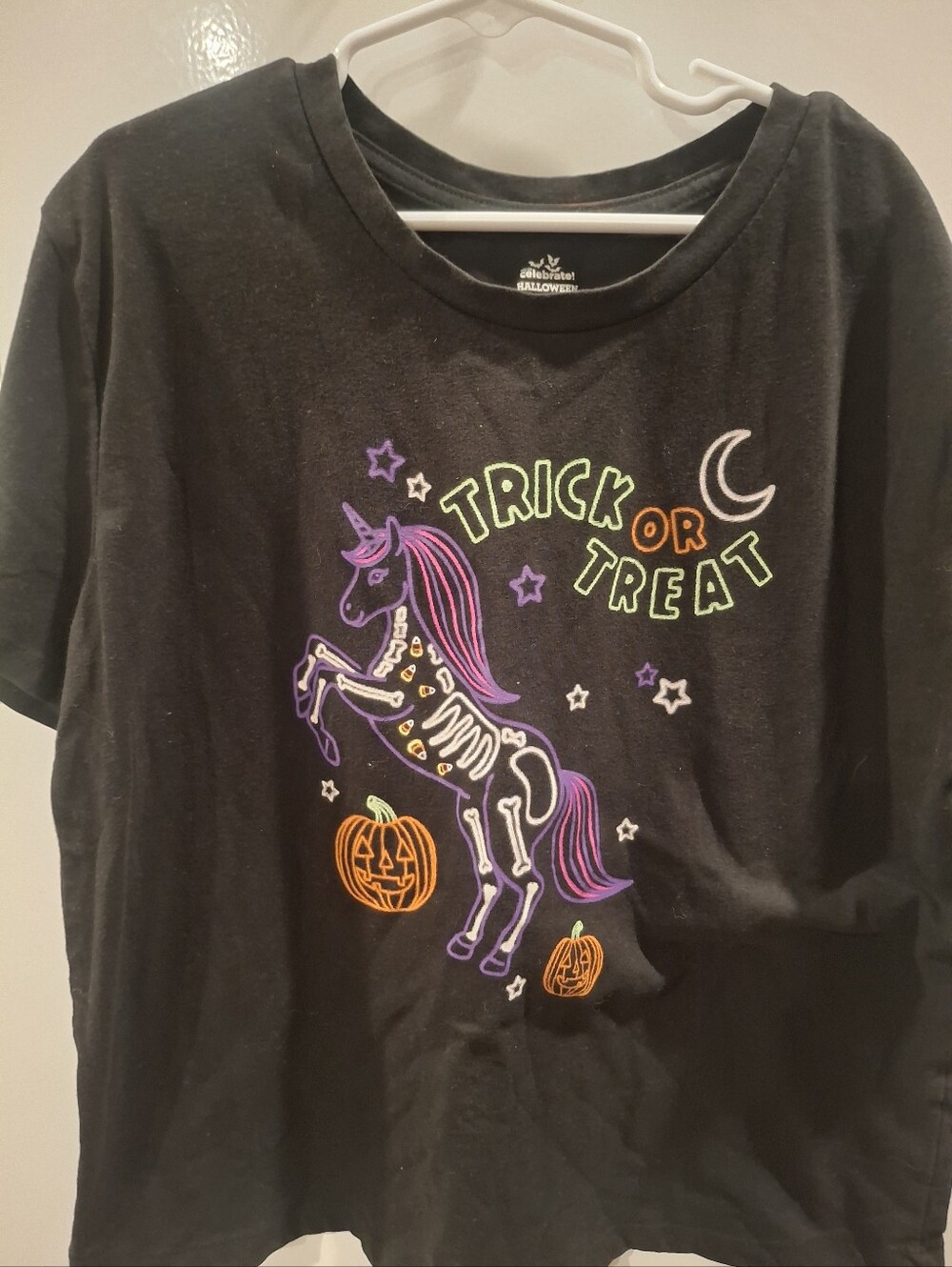 Source Unknown Black Halloween Unicorn Skeleton Tee with Neon Accents